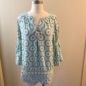 Crown & Ivy Light Blue Printed Crochet-Hem Tunic